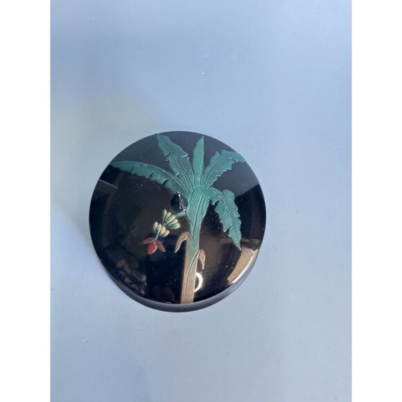 Handcrafted Ryukyu Lacquer Ware Co Black Trinket Box W/Palm Tree Red Interior - Picture 4 of 7
